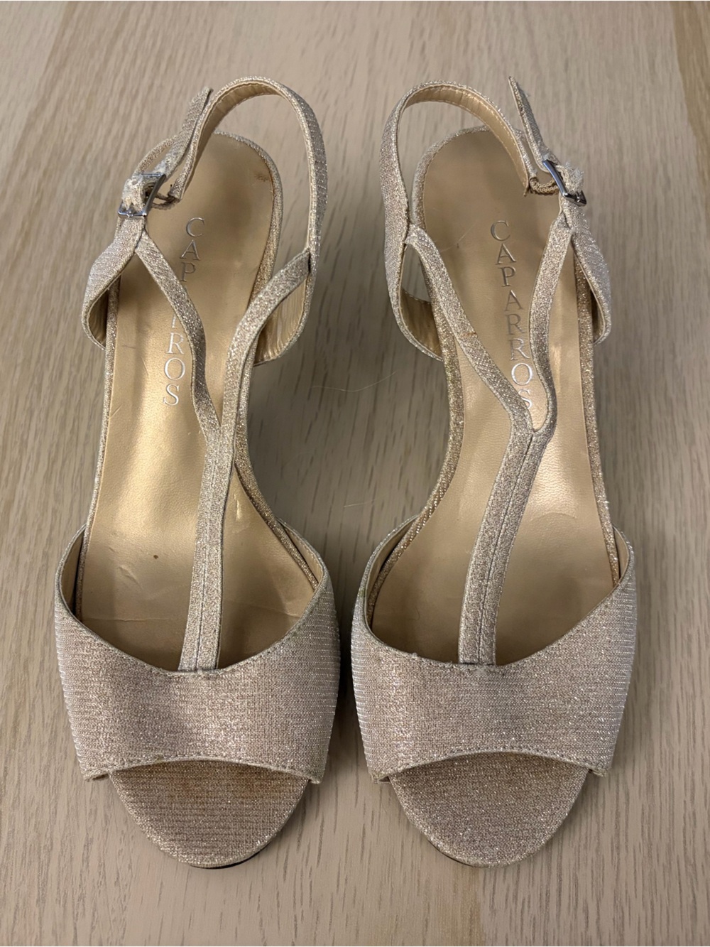 Caparros Champagne Metallic T-Strap Dress Sandals